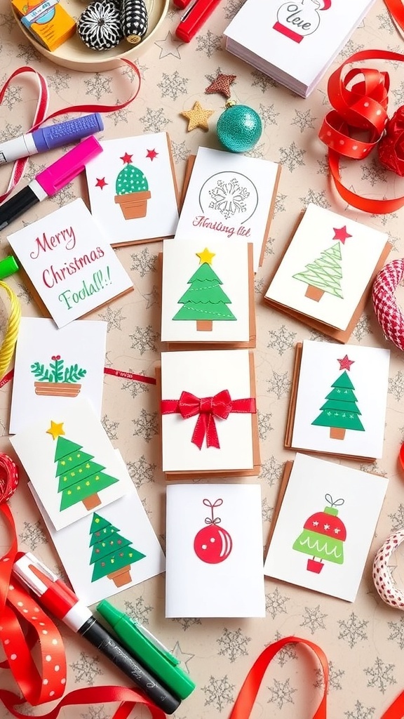 Handmade mini Christmas cards with festive designs on a crafting table.
